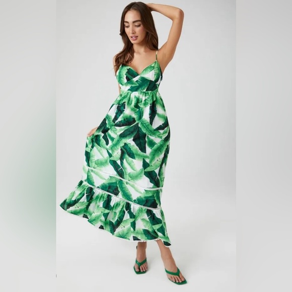 HOT ! Green Leaf Print Maxi Dress Women Green Leaf Print Frill Strappy Midi  Dress